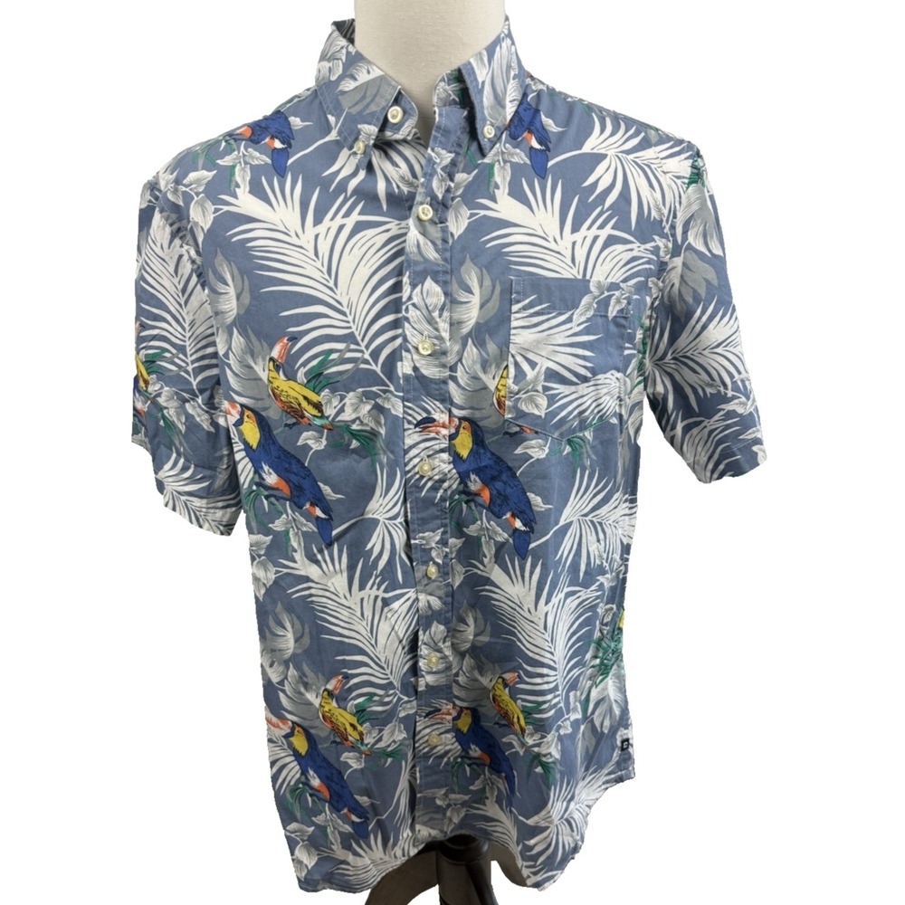 Chaps Mens Blue Tropical Toucan Palm Print Cotton Short Sleeve Shirt Large